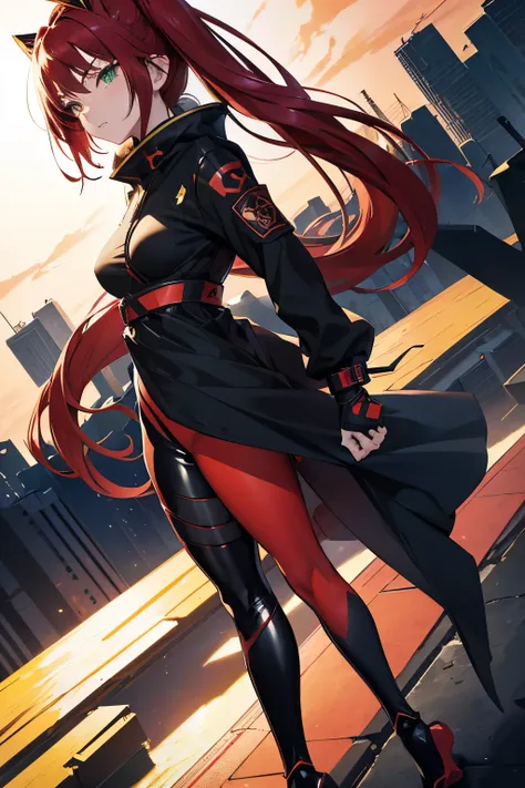 anime girl in black outfit with red hair and green eyes, asuka suit under clothes!, full body zenkai! asuka suit, unknown artstyle, cel shaded!!!, cel - shaded art style, inspired by Leiko Ikemura, badass pose, inspired by INO, fire!! full body, inspired b...