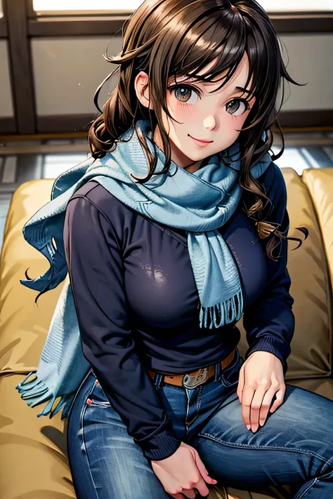 bell, anime, curly brown hair, medium breasts, black eyes, light smile, jeans, scarf, gray sweatshirt, blue pants, sitting, Cross-legged, Inside the smart home, sitting on the couch, Asada Shinos face, anime Sword Art Online, highest quality, (((Upper body...