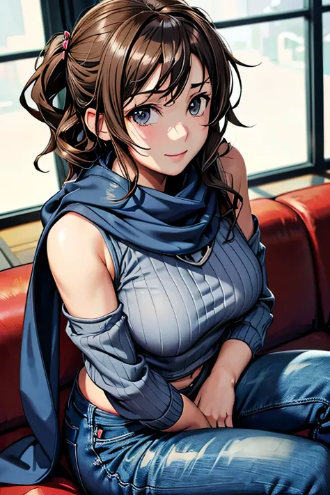 bell, anime, curly brown hair, medium breasts, black eyes, light smile, jeans, scarf, gray sweatshirt, blue pants, sitting, Cross-legged, Inside the smart home, sitting on the couch, Asada Shinos face, anime Sword Art Online, highest quality, (((Upper body...