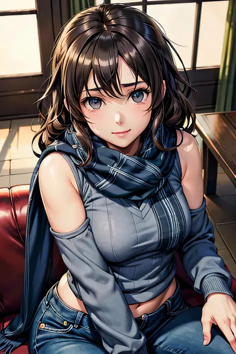 bell, anime, curly brown hair, medium breasts, black eyes, light smile, jeans, scarf, gray sweatshirt, blue pants, sitting, Cross-legged, Inside the smart home, sitting on the couch, Asada Shinos face, anime Sword Art Online, highest quality, (((Upper body...