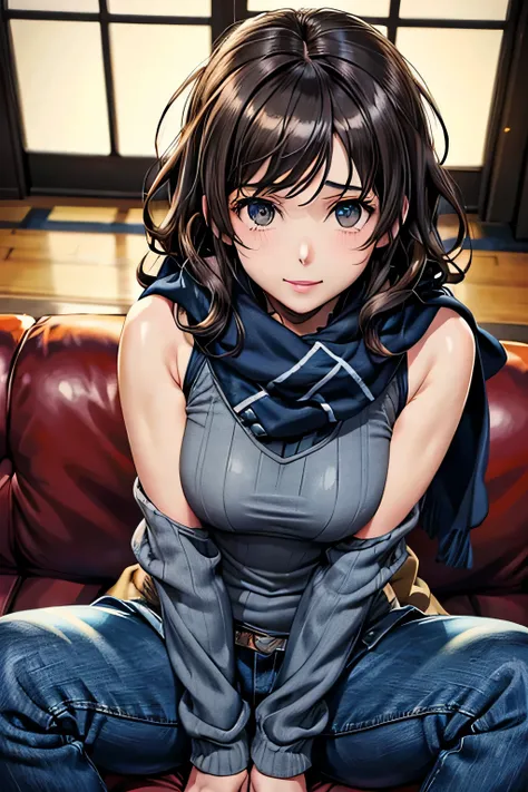 bell, anime, curly brown hair, medium breasts, black eyes, light smile, jeans, scarf, gray sweatshirt, blue pants, sitting, Cross-legged, Inside the smart home, sitting on the couch, Asada Shinos face, anime Sword Art Online, highest quality, (((Upper body...