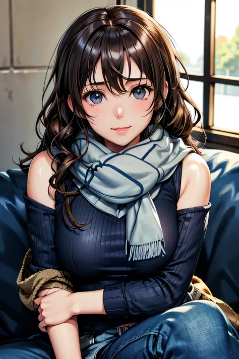 bell, anime, curly brown hair, medium breasts, black eyes, light smile, jeans, scarf, gray sweatshirt, blue pants, sitting, Cross-legged, Inside the smart home, sitting on the couch, Asada Shinos face, anime Sword Art Online, highest quality, (((Upper body...