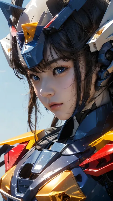 from the front、 facing the front、 textured skin ,  super detailed ,  attention to detail,  High Quality , 最 High Quality ,  high res, 1080P,  hard disk ,  beautiful,(Gundam Girl), beautifulサイボーグの女性, mecha cyborg girl,BATTLE MODE,Japanese girl with a machin...