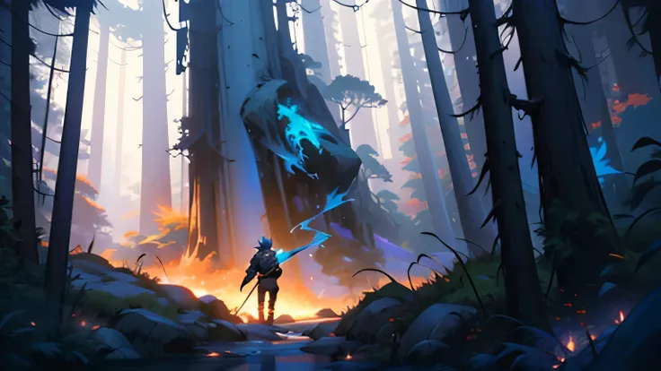 one of the boys in the anime with blue flames and a flashlight beside him, in the style of ethereal nature scenes, 2d game art, animated gifs, scattered composition, made of all of the above, darkly detailed, light black