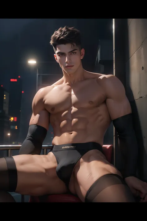 Highest image quality，male people，1 boy，Young and handsome，shoun，Short flat top hair，Dark  skin，anime，anime wallpaper，Solo，malefocus，Briefs，Dilation of the pectoral muscles，Bulging crotch，Urban background，spread their legs，Sexy,(Masterpiece, Best quality，B...