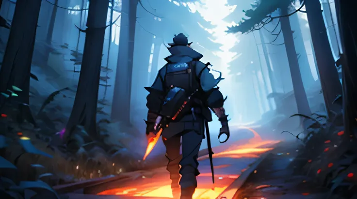 one of the boys in the anime with blue flames and a flashlight beside him, in the style of ethereal nature scenes, 2d game art, animated gifs, scattered composition, made of all of the above, darkly detailed, light black