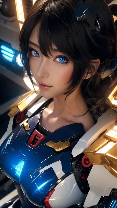 Close-up of face、Photographed from diagonally above、広角レンズ、Depth of subject、 textured skin , super detailed , attention to detail, High Quality , 最 High Quality , high res, 1080P, hard disk , beautiful,(Gundam Girl), beautifulサイボーグの女性, mecha cyborg gi...