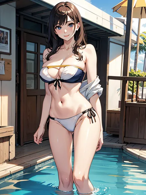  realistic 、Facing reality、With a girl、 swimsuit、 sexy smile、 made my breasts slightly bigger、 sexy poses that are not skinny、studio、 bathes in the spotlight 、 Contest、Bandeau bikini、The area of the cloth is small and it is tied behind 、モノキニ ブラジリアン swimsui...