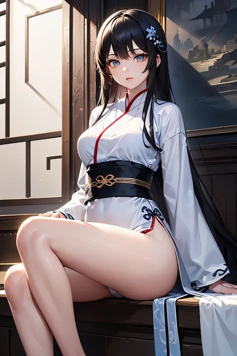 Extremely detailed CG unity 8k wallpaper, masterpiece, best quality, super fine, (beautiful detailed eyes: 1.2), high resolution, extremely detailed, highest rendering, (1 girl: 1.5),young girl,Animation style, ancient Chinese style,white hanfu, black hair...