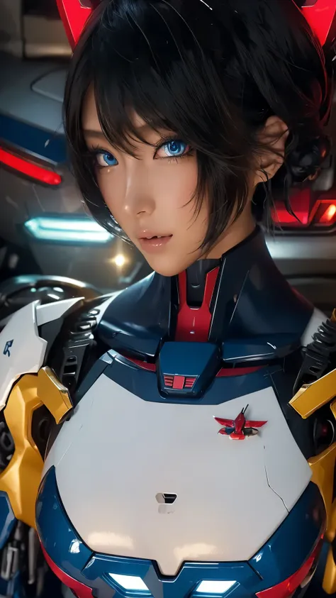 Close-up of face、Photographed from diagonally above、広角レンズ、Depth of subject、 textured skin , super detailed , attention to detail, High Quality , 最 High Quality , high res, 1080P, hard disk , beautiful,(Gundam Girl), beautifulサイボーグの女性, mecha cyborg gi...