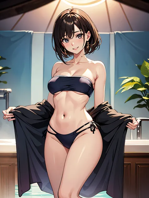  realistic 、Facing reality、With a girl、 swimsuit、 sexy smile、 made my breasts slightly bigger、 sexy poses that are not skinny、studio、 bathes in the spotlight 、 Contest、Bandeau bikini、The area of the cloth is small and it is tied behind 、モノキニ ブラジリアン swimsui...