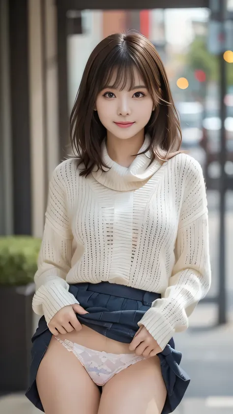  highest quality、disorganized、super detailed、finely、High resolution、8k wallpaper、perfect dynamic composition、beautiful and fine eyes、Gorgeous knit Korean winter clothes、skirt、(skirtをたくし上げる)、(Show lace panties)、medium hair、bangs、big breasts、Scarf、natural co...