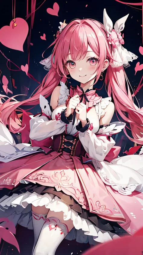 she has olive green eyes and long blond hair that reaches her shoulders.., Tied with ribbon and heart, Pale pink scrunchie, Red Clip. Her hair color is light..、This is getting very long., worn with twin tails tied with deep pink ribbons and red hearts . ...