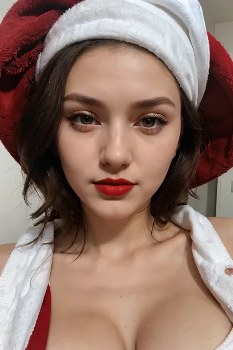 My 22 year old Moldovan sister Marina looks at me wearing red lipstick and a white towel around her chest