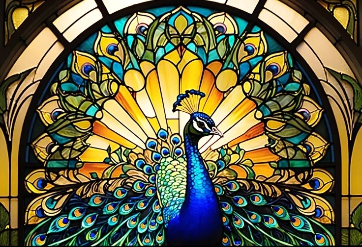 a close up of a  stained glass window with a Peacock,  inspired by Louis Comfort Tiffany,  stained glass art,  stained glass style, Peacock.  complicated,  Mucha Tiffany Killian eng, golden twilight  stained glass, Peacock,  complicated  stained glass, bac...