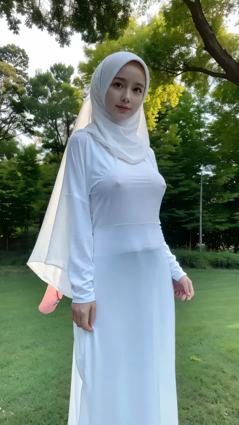 adorable, 1 girl, 8k, baby face, modern colorful plain hijab, shy, full body portrait, (face details: 1), (eye details: 1), shiny lips, open mouth, ((huge breasts)). wearing transparent long sliming dress, small face, building and tree ground, morning, slo...