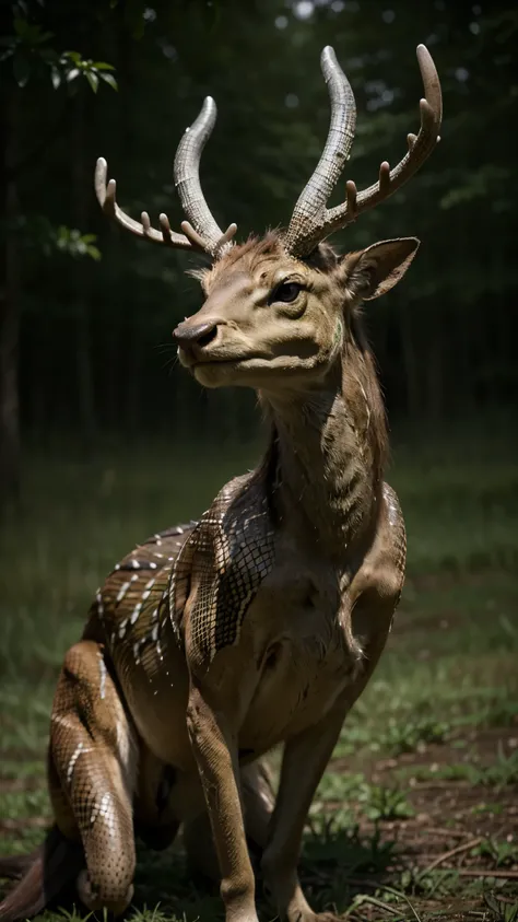 An enigmatic creature in a misty field. The slender body of a snake, covered in scales that shimmer in shades of green and brown, but with the intricate front legs and antlers of a deer rising from its reptilian head. Its antlers seem to pulse with biolumi...