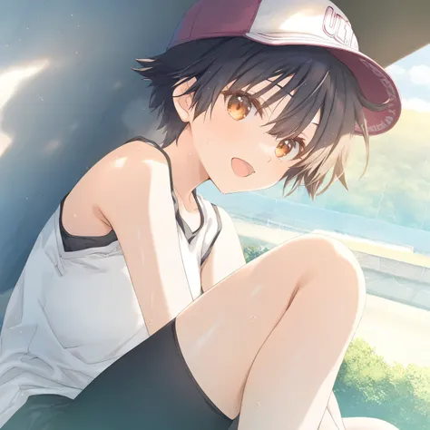 1girl, loli, tomboy, sweat, shorts,beautiful detailed eyes,open mouth,baseball_cap, outdoors, wind,  game CG, break,(artist:mitsumi_misato),artist:fujiyama,artist:kokonoka, break,(masterpiece), (best quality), (ultra-detailed),(Detailed Lighting), very aes...