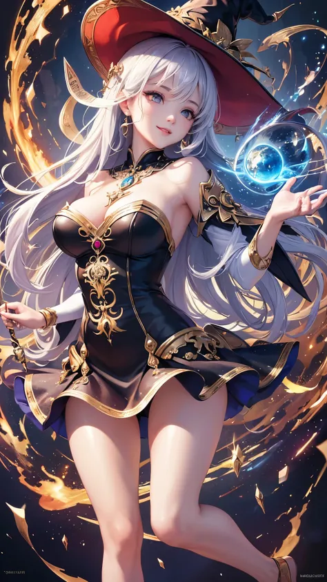 (( top quality )),( super high res),( super detailed ),( detailed description ),(( best CG )),( Best Artwork ), Ultra Precision Art, Amazing Painting Art ,(Exquisite art:1.5), witch,  Fearless Smile ,  Strong Light Wand Embedded with Stones, Swing, Standin...