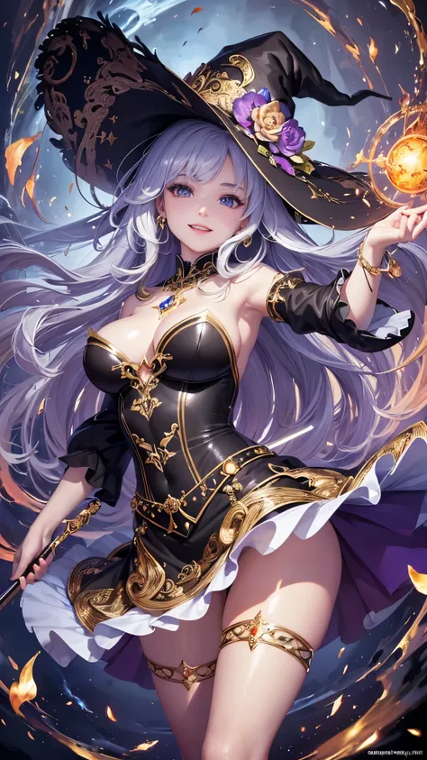 (( top quality )),( super high res),( super detailed ),( detailed description ),(( best CG )),( Best Artwork ), Ultra Precision Art, Amazing Painting Art ,(Exquisite art:1.5), witch,  Fearless Smile ,  Strong Light Wand Embedded with Stones, Swing, Standin...