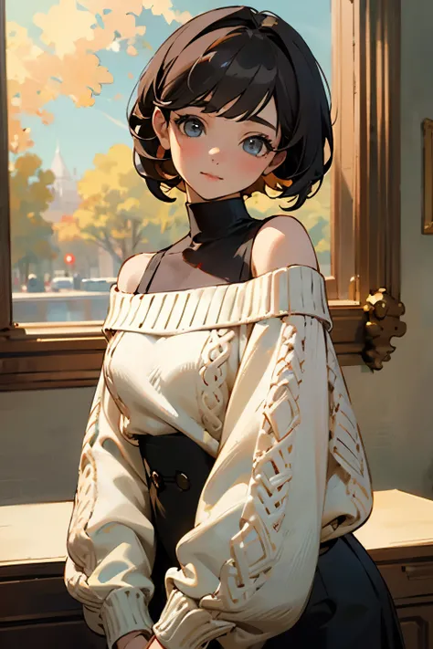 ((best quality)), ((masterpiece)), (detailed), 1girl, off-shoulder sweater, 