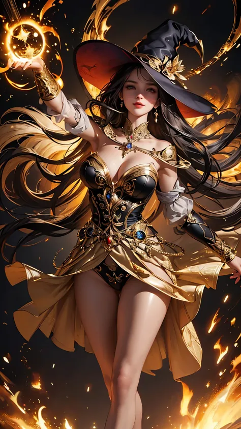 (( top quality )),( super high res),( super detailed ),( detailed description ),(( best CG )),( Best Artwork ), Ultra Precision Art, Amazing Painting Art ,(Exquisite art:1.5), witch,  Fearless Smile ,  Strong Light Wand Embedded with Stones, Swing, Standin...