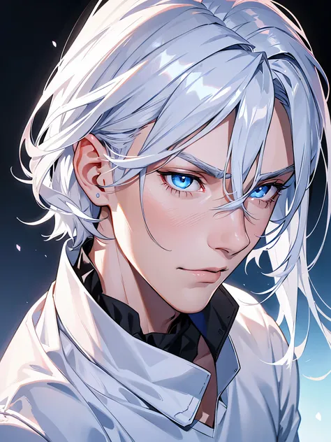 A young looking man with a 3/4 angle profile and pretty feature of blue eyes and slightly long white hair, in a white sweater with a black cat imprint on it. He have slim finger, and sharp jaw, yet delicate looking. His skin is white with slight pink featu...