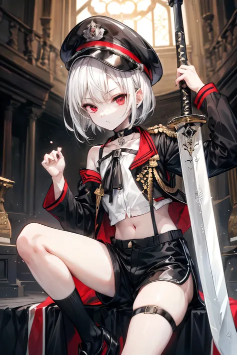 ((최고의 품질)), ((걸작)), (상세한), 완벽한 얼굴, SOLO, 1 BOY, SHOTA, ANIME, beautiful detailed eyes, BOB hair, white hair, red EYES, BARE thighs, (((BARE LEG))), ((BLACK short pants)), (((dress shirt))), ((MID DRIFF)), Flat chest, Choker, expressionless, (Thigh strap), ...