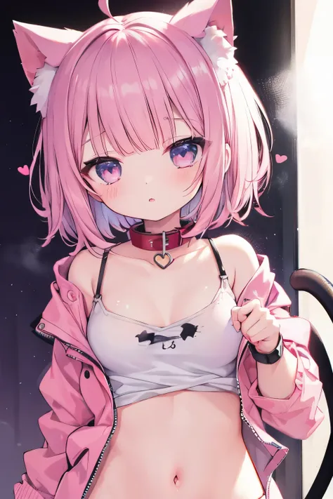 nsfw、  transparent pink short hair、  oversized jacket   、  wear a collar  、     Im looking for an elementary school girl 、  small breasts、So beautiful、輝く瞳 、cat ears、((((( )))))、heart❤