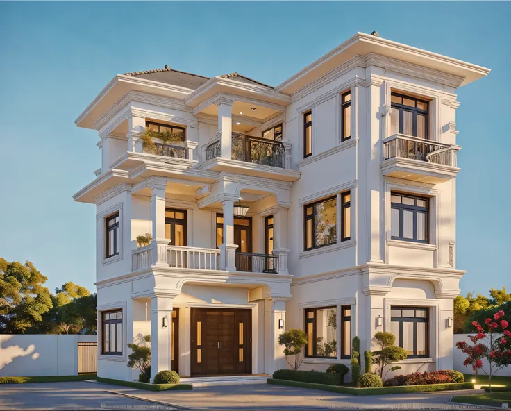 PLATFORM KTHOUSE, Many beautiful red flowers along the road:1.3, romantic, 1 neoclassical style house, The town house is made from white walls, beautyful light, beautyfulday, sunny, Many red bougainvilleas along the road:1.3, lovely youthful feeling :1.2, ...