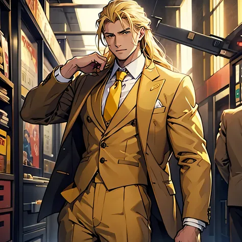 Yellow Suit　 brown tie　Blonde　 long hair