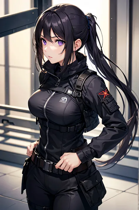 8k resolution,(( top quality )), super high res,Adult female, Alone,  sexy, ( is staring), ( purple eyes),  beautiful symmetrical face , (Black long ponytail),Black combat vest,Combat Suit, suit pants, realistic :1.4, realistic :1.4,(  Masterpiece  :1.2), ...