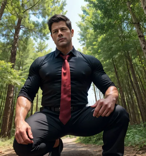  40 year old handsome, One Man,、  muscular、 Misha Collins。  black shirt , red tie、  black slim pants 、Short Hair　、 in the woods、 squat with their legs open、  black shirt、 red tie、  black slim pants 、  upper body lift with an emphasis on facial expression　 ...