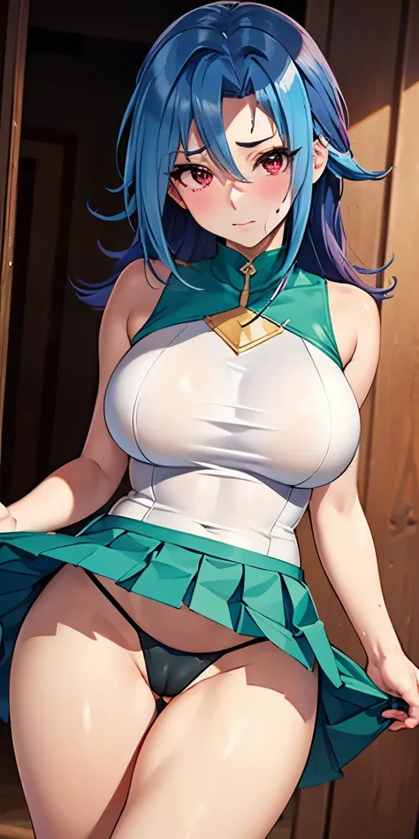 1 Female,High definition,high resolution,Ultra-realistic,8K,kr1, multicolored hair, dyed bangs, white shirt, sleeveless,  green skirt, tight skirt, miniskirt, pleated skirt,black thong,European,sexy,Upper body close-up,Photographed from the front,Dynamic A...