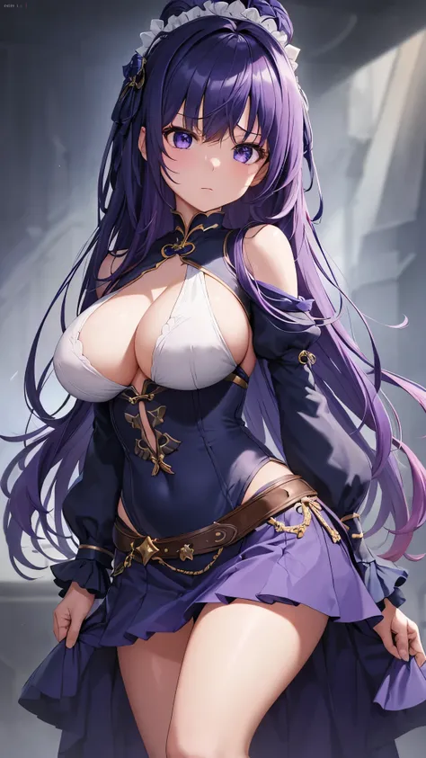 ( top quality) 、 ( top quality) 、( masterpiece )、(8k resolution), beauty、(  adult woman：1.3 )（  perfect style ）、(  very big breasts :1.3)、 Dark blue long hair、  purple ribbon on the front of the body 、  angry face、(  knit 、 skirt )、  Camera Angle(( In fron...