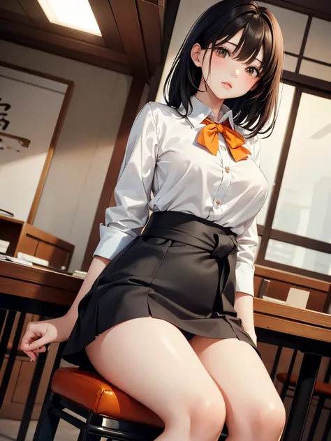 masterpiece,  top quality ,    high res ,   woman、 美しい成熟したwoman、 Fleshy Thighs 、 office lady with straight black hair、 micro miniskirt、 chair around your waist、 low angle shot 、Taunt、 orange tight miniskirt、 white panties、fitted white blouse