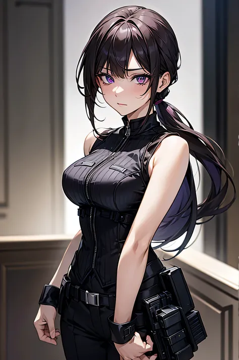 8k resolution,(( top quality )), super high res,Adult female, Alone,  sexy, ( is staring), ( purple eyes),  beautiful symmetrical face , (Black long ponytail),Black combat vest,Combat Suit, suit pants, realistic :1.4, realistic :1.4,(  Masterpiece  :1.2), ...