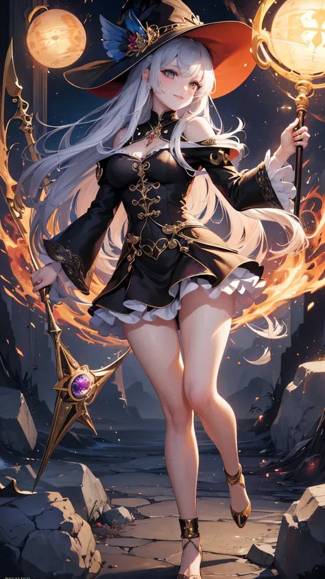 (( top quality )),( super high res),( super detailed ),( detailed description ),(( best CG )),( Best Artwork ), Ultra Precision Art, Amazing Painting Art ,(Exquisite art:1.5), witch,  Fearless Smile ,  Strong Light Wand Embedded with Stones, Swing, Standin...