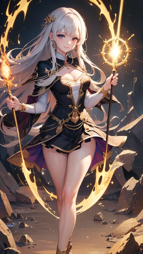 (( top quality )),( super high res),( super detailed ),( detailed description ),(( best CG )),( Best Artwork ), Ultra Precision Art, Amazing Painting Art ,(Exquisite art:1.5), witch,  Fearless Smile ,  Strong Light Wand Embedded with Stones, Swing, Standin...