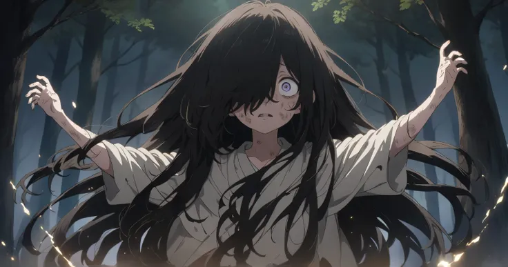 Night Forest　 dark-haired girl 　Tattered and dirty white clothes　 Key Visuals 　anime　 anime keyvisual, crazy eyes, long hair, hair over one eye, raise both arms, parted lips,