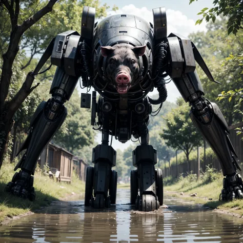 (best_quality, masterpiece:1.2), (highly detailed), (4k, 8k, uhd, high_resolution, highres), pig, in the puddle, mud, trees, bushes, dirty, concept art, absurd resolution, high resolution, masterpiece, hyper-detail, mech, cybernetics, cyborg, mechanical, t...