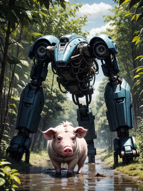 (best_quality, masterpiece:1.2), (highly detailed), (4k, 8k, uhd, high_resolution, highres), pig, in the puddle, mud, trees, bushes, dirty, concept art, absurd resolution, high resolution, masterpiece, hyper-detail, mech, cybernetics, cyborg, mechanical, t...