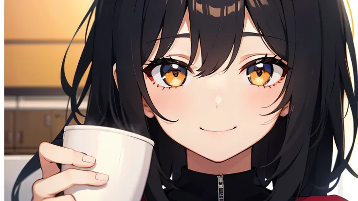  black hair、 girl 、smile、 coffee cup 