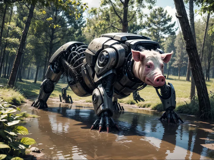 (best_quality, masterpiece:1.2), (highly detailed), (4k, 8k, uhd, high_resolution, highres), pig, in the puddle, mud, trees, bushes, dirty, concept art, absurd resolution, high resolution, masterpiece, hyper-detail, mech, cybernetics, cyborg, mechanical, t...