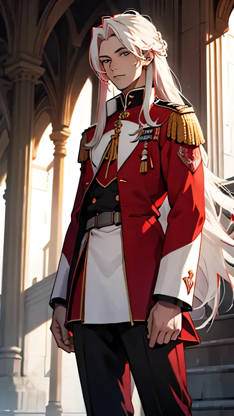 Red and white hair　 long hair　Young man　Noble uniform　Alone