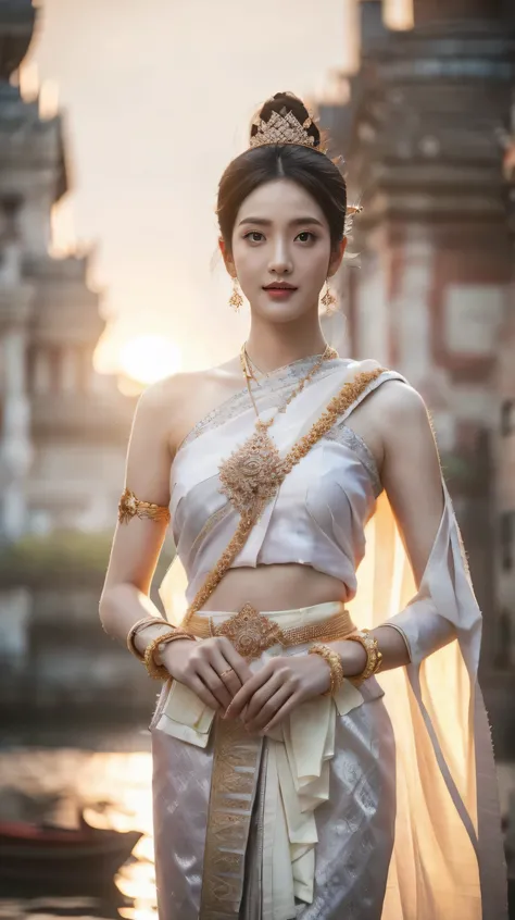 (((, a Korean couple stands in a collective energetic posture ))), (((1 man, 1 Female))), (((man with short hair is dressed in white Traditional Thai clothing))), Arawa. A young woman in a purple dress and gold necklace , Sukhothai set , , Delraba, Dilmur...