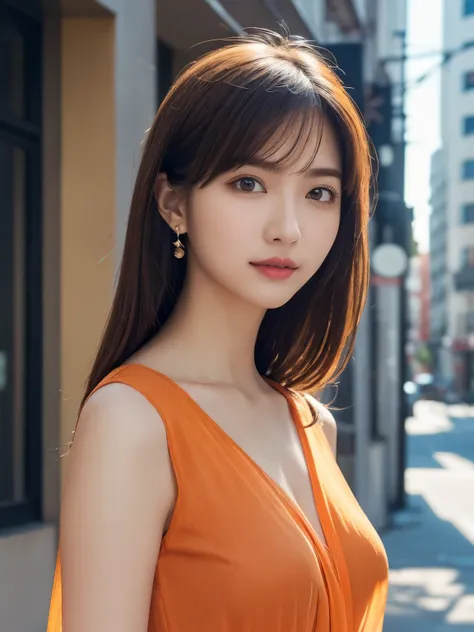 1girl in, (Wearing a transparency orange blouse:1.3), (Raw photo, Best Quality), (Realistic, Photorealsitic:1.4), masterpiece, Extremely delicate and beautiful, Extremely detailed, 2k wallpaper, amazing, finely detail, the Extremely Detailed CG Unity 8K Wa...