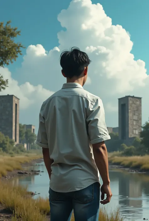 (photorealism:1.2), A Thai man short black hair, shirt, jeans, cloud, day, sky, outdoors, post-apocalypse, ruins, landscape, tree, water,