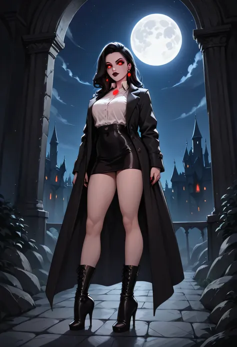 score_9, score_8_up, score_7_up, score_6_up, score_5_up, score_4_up, black and white facial illustration, 19th century style, of a female vampire in the night, exquisite beautiful female vampire, best detailed face, red glowing eyes, full body, wearing wh...
