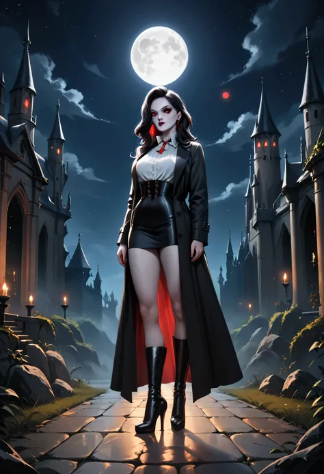 score_9, score_8_up, score_7_up, score_6_up, score_5_up, score_4_up, black and white facial illustration, 19th century style, of a female vampire in the night, exquisite beautiful female vampire, best detailed face, red glowing eyes, full body, wearing whi...